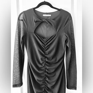 Abercrombie & Fitch Black Long Sleeve Ruched Midi Dress with Front Keyhole